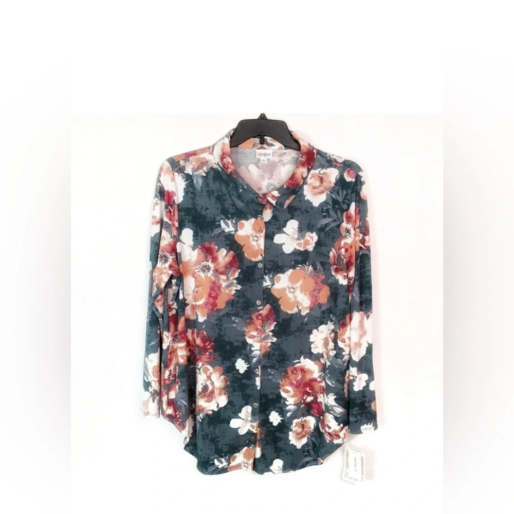 LueLaRoe Button Down Long sleeve Blouse Size:XL Color: Green Floral stretchy! - Picture 2 of 7